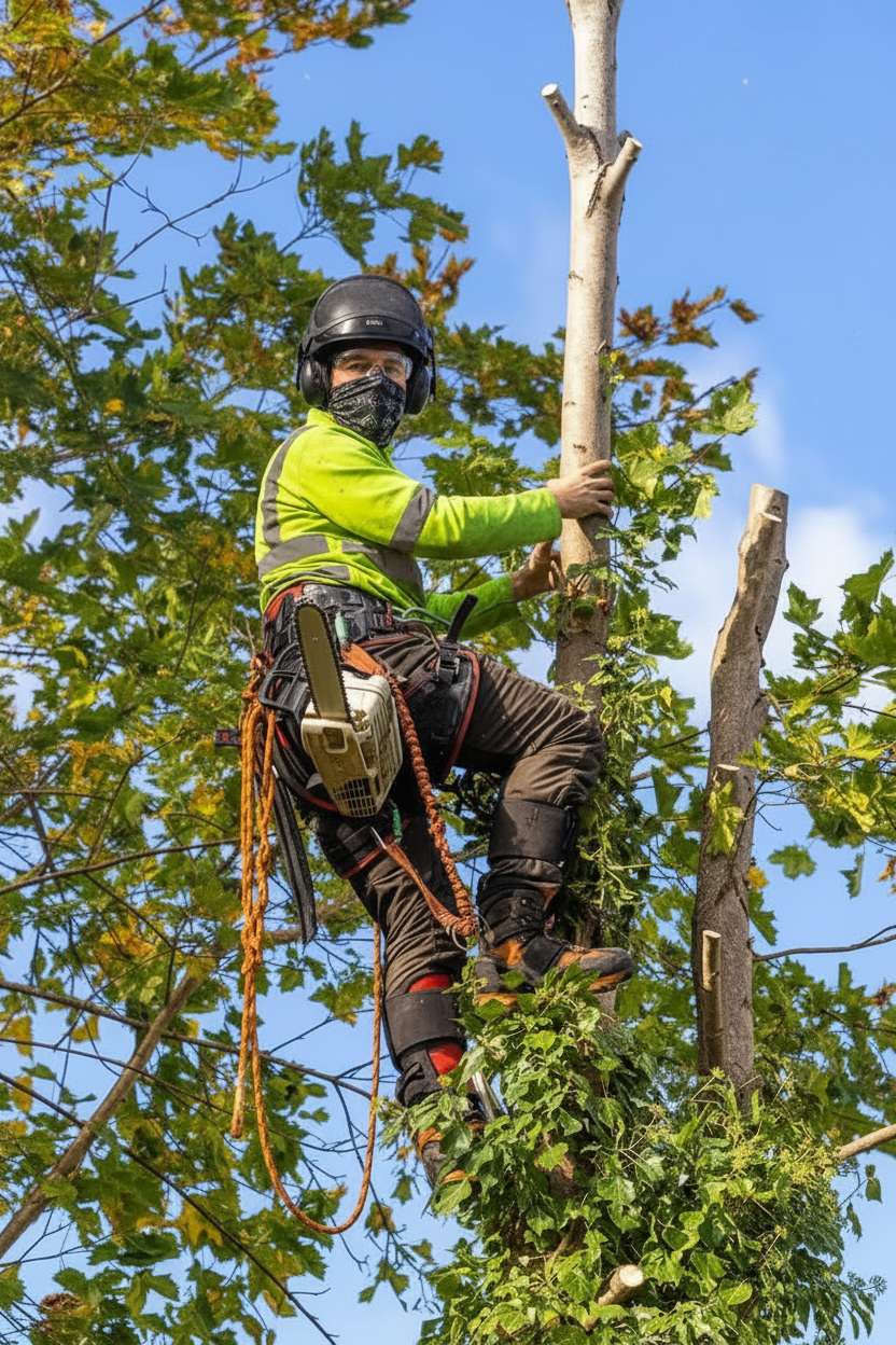 Arborista con casco, visera y bandana